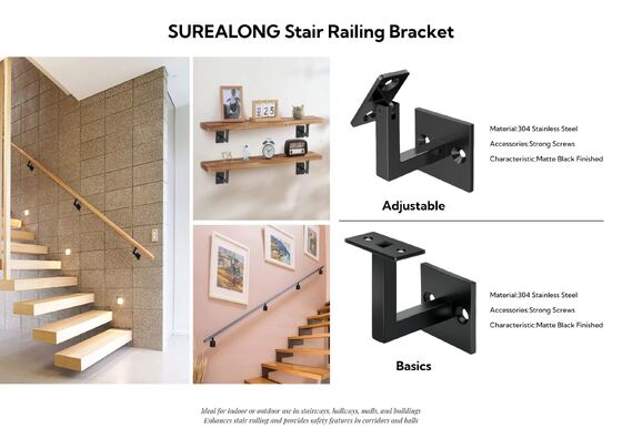 Adjustable Multi-Angles 304 Stainless Steel Matte Black Powder Coated Handrail Bracket for Wood to Metal Connections